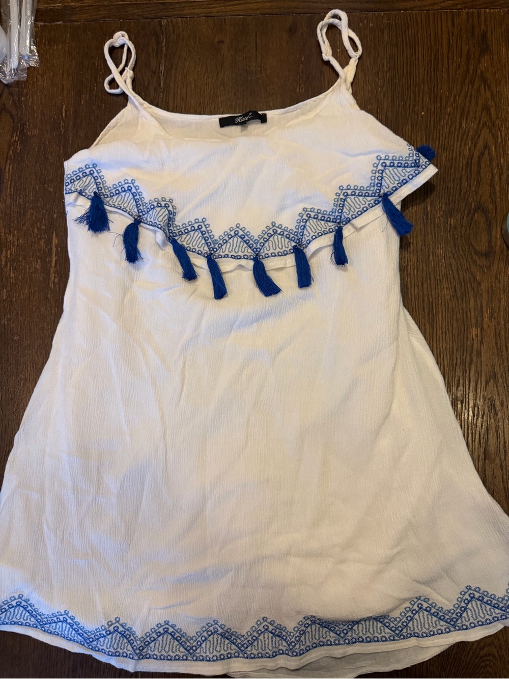 White Sleeveless Tassel Trim Camisole with Blue Embroidery